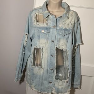 Denim Jacket Rips Chains Cut Outs Plastic Oversized Light Blue Distressed Grunge